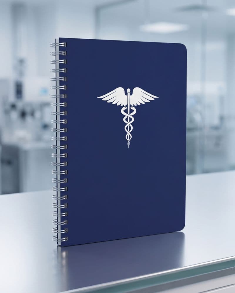 A navy clinic reference binder with a caduceus